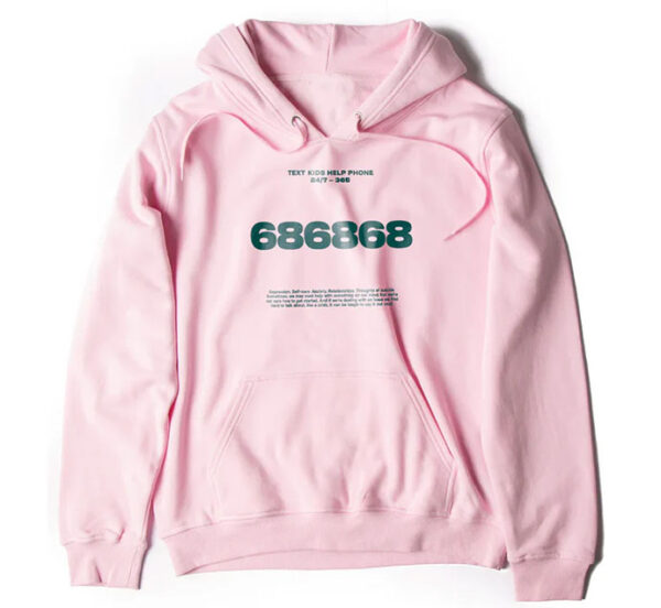 Pink hooded sweatshirt with green print that reads "686868"
